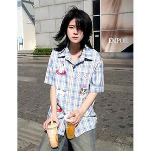 复古格子短袖衬衫男女夏季宽松休闲刺绣小众设计衬衣 C7006图片