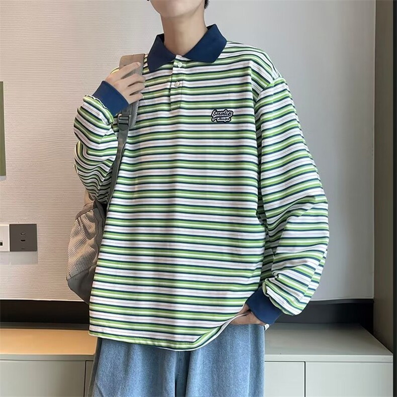 polo衫男条纹韩版潮流2023秋冬季新款ins宽松百搭帅衬衫W3281-P33图片