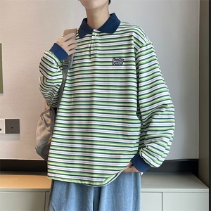 polo衫男条纹韩版潮流2023秋冬季新款ins宽松百搭帅衬衫W3281-P33