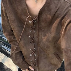 美式复古棕色抽绳对襟皮衣外套男春秋季夹克小众痞帅上衣服，男装夹克，星座506A