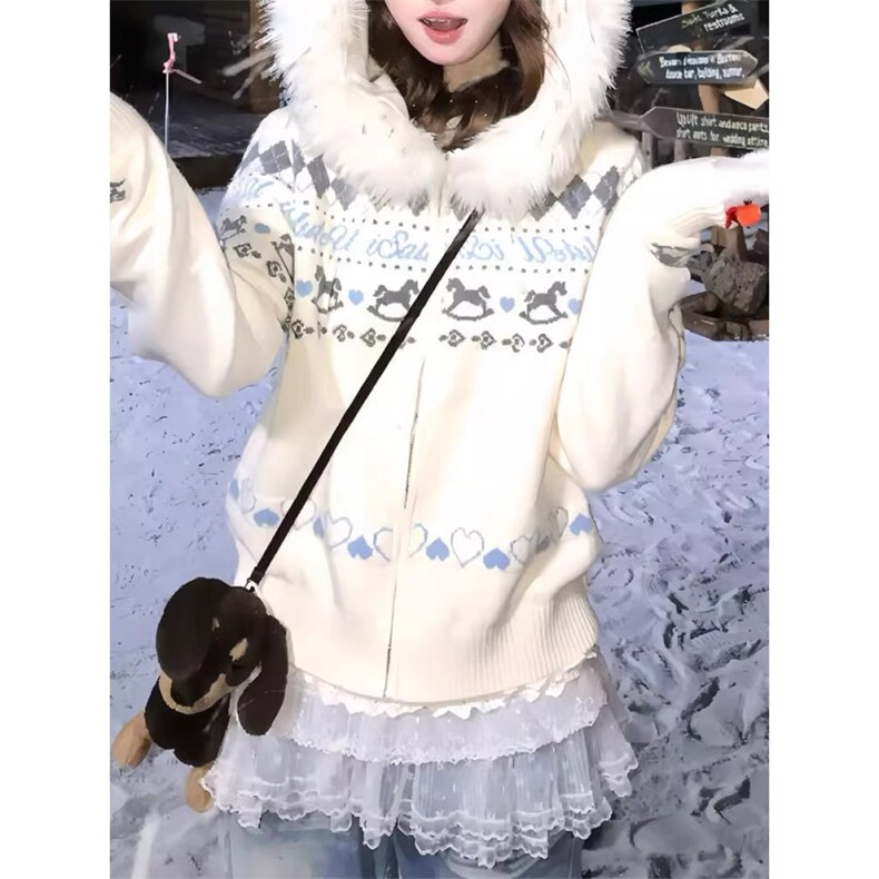 MY9242-P63费尔岛白色毛领连帽毛衣外套男女秋冬新款慵懒风,男装针织衫/毛衣,电商B323A
