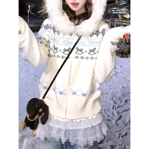 MY9242-P63 费尔岛白色毛领连帽毛衣外套男女秋冬新款慵懒风图片