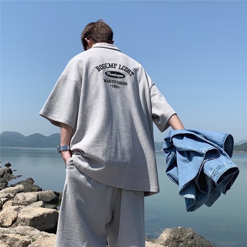夏季休闲运动套装男短袖短裤潮牌翻领polo衫港风套装TZ088-P42,男装Polo衫,星座1001-1