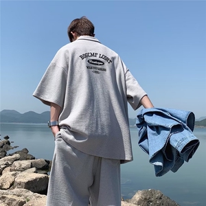 夏季休闲运动套装男短袖短裤潮牌翻领polo衫港风套装TZ088-P42
