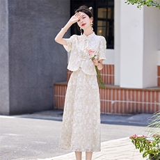 新中式国风亮片刺绣套装裙女2024夏新款流行爆款改良旗袍绝美裙子，女装套装/套裙，采品优优