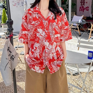 度假风花衬衫男女短袖夏季薄款休闲冰丝情侣衬衣CS111/P32图片