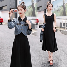 2024新款秋季新款女装韩版休闲牛仔连衣裙两件套，女装套装/套裙，靓星雨