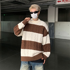 撞色条纹毛衣男秋冬日系打底慵懒针织衫宽松线衣外套M1683-P50，男装针织衫/毛衣，星座512-4