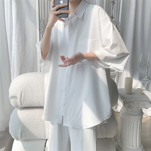 C6042/P35夏款2023新款港风冰丝克莱因蓝衬衣男开衩短袖衬衫控58图片