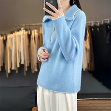 秋冬新款羊毛衫女翻领套头宽松型半高百搭毛衣针织显瘦，女装羊毛衫，犀桦羊绒