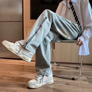 美式复古工装牛仔裤男春秋水洗直筒裤vibe高街微喇裤子潮牌NK7776图片