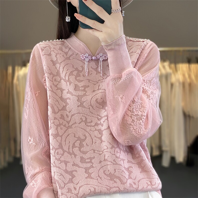淑女珍珠流苏旗袍领镂空绣花套头针织衫图片