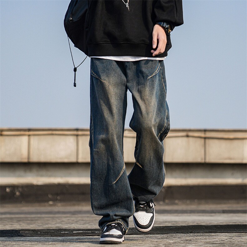 美式复古蓝牛仔裤男生秋冬季户外运动褶皱潮牌宽松直筒阔腿长裤子，男装休闲裤，电商A310