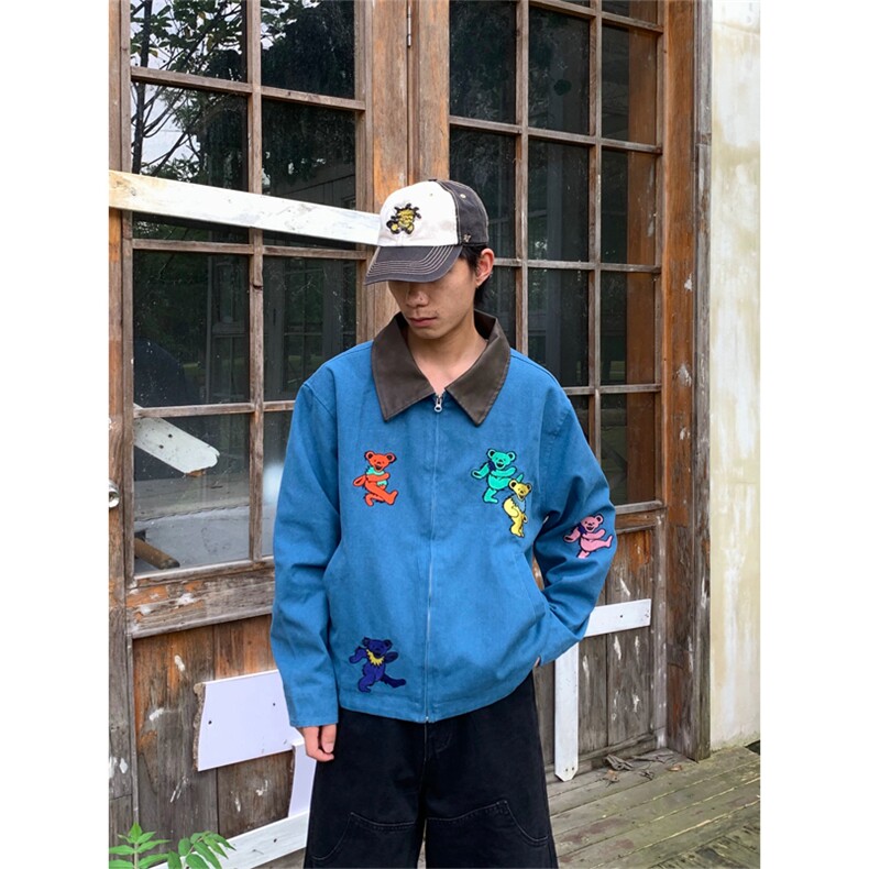 网图有货 美式巴恩风卡通小熊刺绣工装外套皮领夹克男女 A953-P68图片