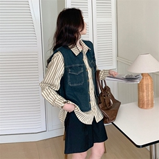 复古牛仔马甲套装女2025年春季新款小个子宽松休闲条纹衬衫两件套，女装套装/套裙，2C261