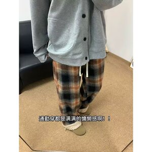 格子裤男女冬季新款高腰宽松慵懒直筒休闲加绒阔腿裤LA80833-P52图片