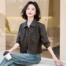 安哥拉红皮衣外套女2024新款秋季女装短款复古机车小个子短外套潮，女装皮衣，美沁