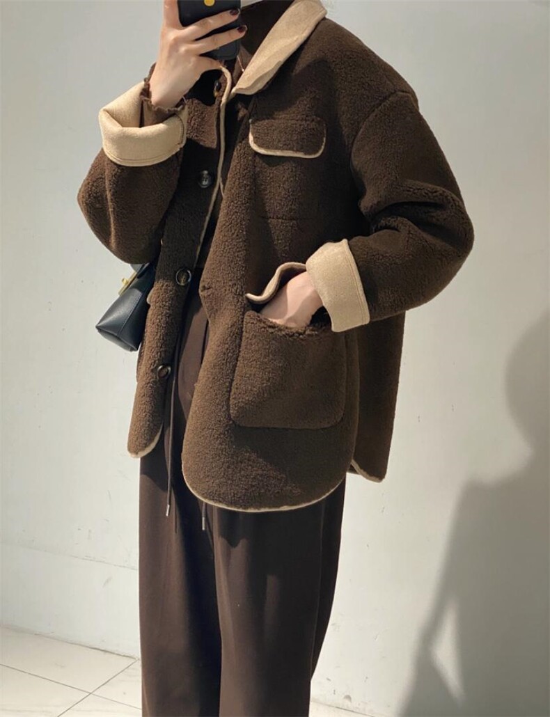 拼色羊羔毛外套，其它，驿谷