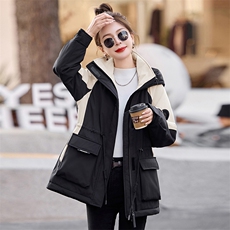 时尚撞色工装派克服棉衣女中长款2024冬新款连帽加绒加厚保暖外套，女装棉衣/棉服，心心服饰