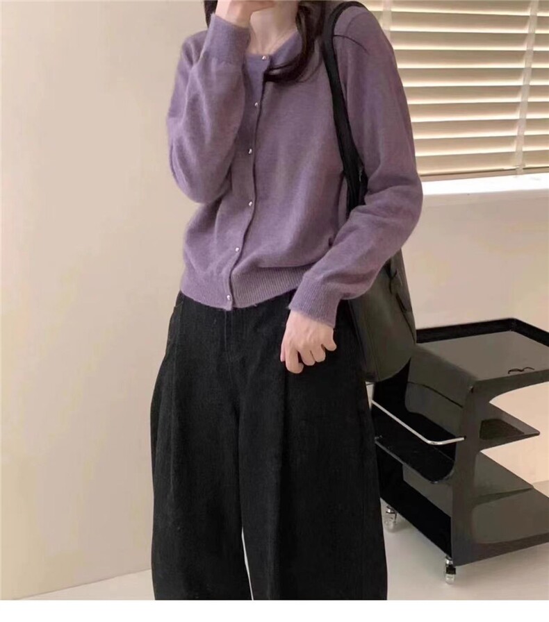 秋冬圆领长袖纯色开衫女宽松百搭休闲针织毛衣外套上衣,针织衫/毛衣,半城羊绒