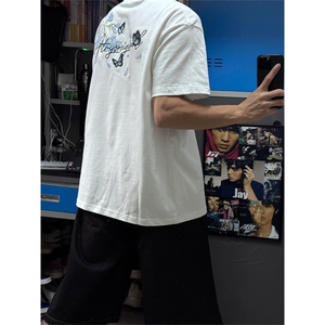 网图有货 美式蓝花卉蝴蝶字母刺绣短袖t恤男女宽松上衣 A663-P35图片