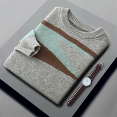 男士秋冬季新款休闲时尚七针拼色圆领羊毛衫，男装羊毛衫，江杉羊绒