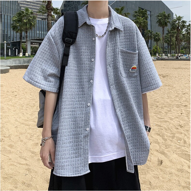 日系华夫格衬衫男宽松百搭短袖衬衣潮流休闲帅气外套CS825-P33图片