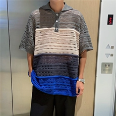 复古撞色镂空针织衫男夏季情侣翻领休闲宽松半袖衬衫上衣MY44P38，男装针织衫/毛衣，星座410-2