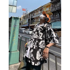 夏季上衣韩版宽松高级垂感短袖衬衫男装潮痞帅水墨免烫衬衣C2235，男装衬衫，星座1013