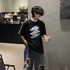 抖音得物高品质二开240克宽松纯棉美式潮牌三条杠织带短袖T恤，男装T恤，电商A486-1