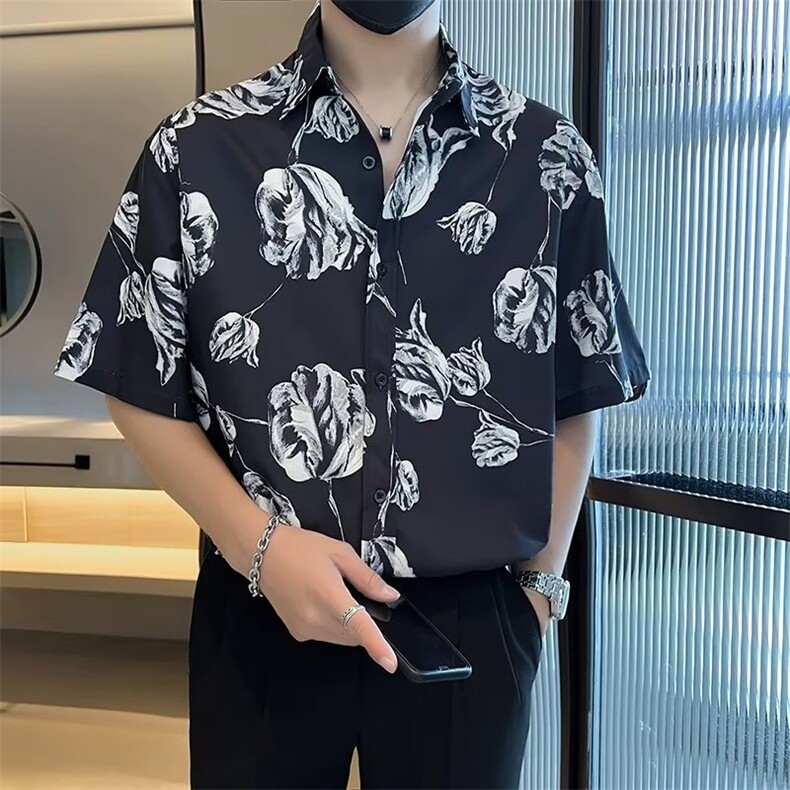 夏季夏威夷风气质印花衬衫男短袖韩版设计感痞帅垂感衬衣C3022,男装衬衫,星座1116A-2（原606A-1）