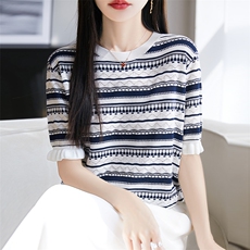 圆领天丝针织短袖女显瘦休闲百搭上衣设计感针织T恤2025夏季新款，女装T恤，朝思羊绒