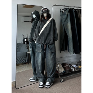 中性男女复古大口袋直筒牛仔裤宽松阔腿裤 310A-2 BK328 P55 控68图片