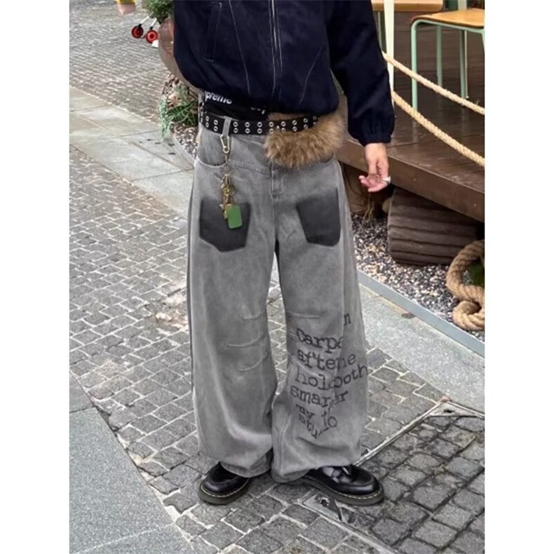 美式复古字母涂鸦牛仔裤男女春秋直筒休闲长裤NB398-P58图片