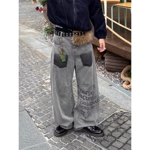 美式复古字母涂鸦牛仔裤男女春秋直筒休闲长裤NB398-P58图片