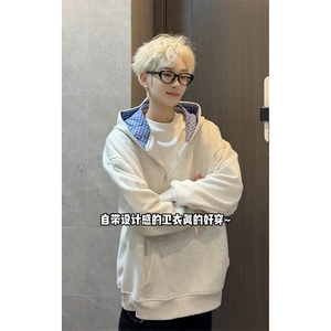 半拉链韩系慵懒风外套小众设计格纹拼接连帽卫衣HY922TP48控89图片