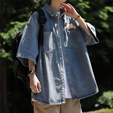 牛仔短袖衬衫男女夏季薄款痞帅衬衣外套潮牌潮流设计感小众-C472，男装衬衫，星座601-2