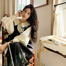 秋新款油画野玫瑰衬衫+无袖背心裙两件套2C123-QT05-P160-K240，女装连衣裙，2C123