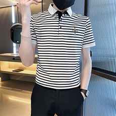 2025夏季经典条纹轻奢高级感大码短袖T恤翻领Polo衫T08-P45，男装T恤，电商D342