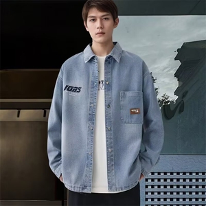 男生水洗牛仔长袖衬衫春秋季新款青少年高品质上衣服翻领休闲外套图片
