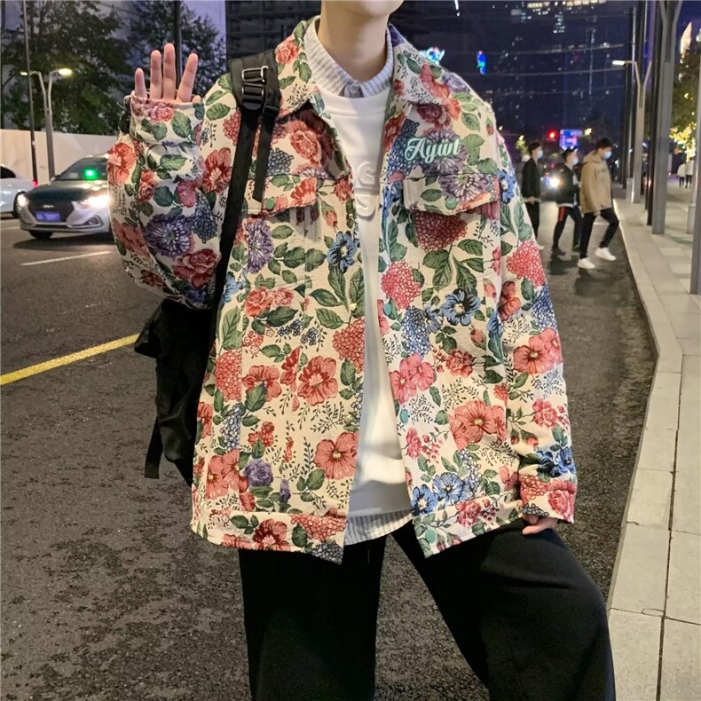提花翻领夹克男高街痞帅花外套韩版情侣潮流网红长袖衬衫3722/P70图片