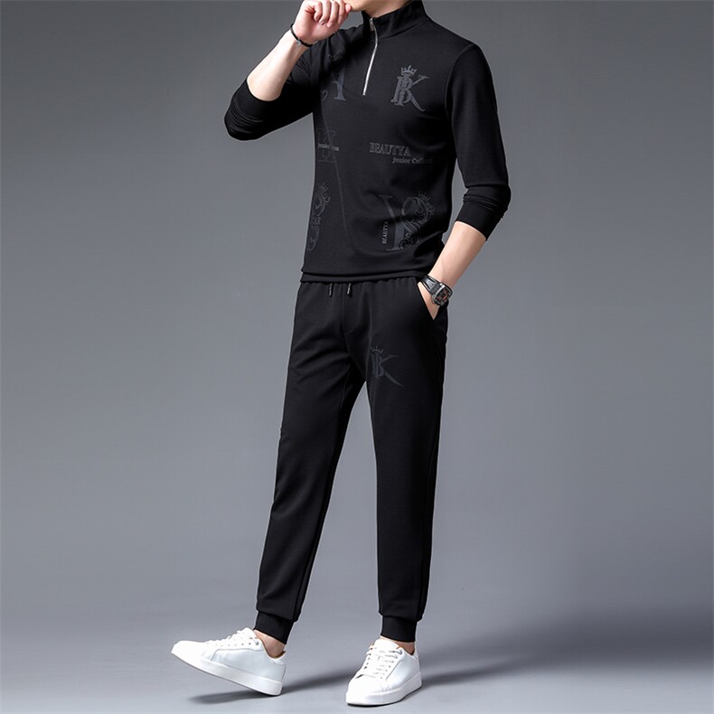 2023春秋季套装中年人休闲两件套商务立领印花长袖卫衣男上衣服,男装休闲套装,电商B212（原钱塘6029）