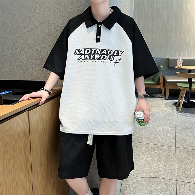 夏款男运动套装短款POLO衫短裤字母拼色套装TZ019P55,男装牛仔裤,星座1013-1