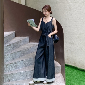 韩系休闲牛仔背带裤女2025夏季淡人高级感宽松显瘦气质阔腿连体裤图片