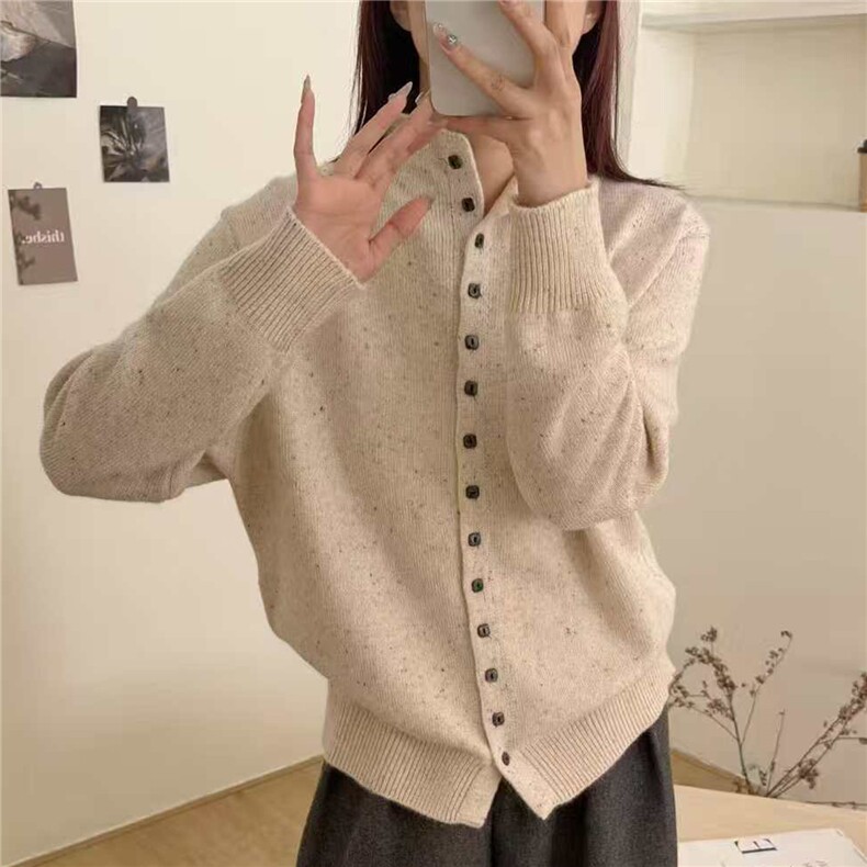 韩系立领开衫毛衣外套女2025秋冬时尚方形纽扣宽松纯色针织衫打底,针织衫/毛衣,佳绒包芯纱店