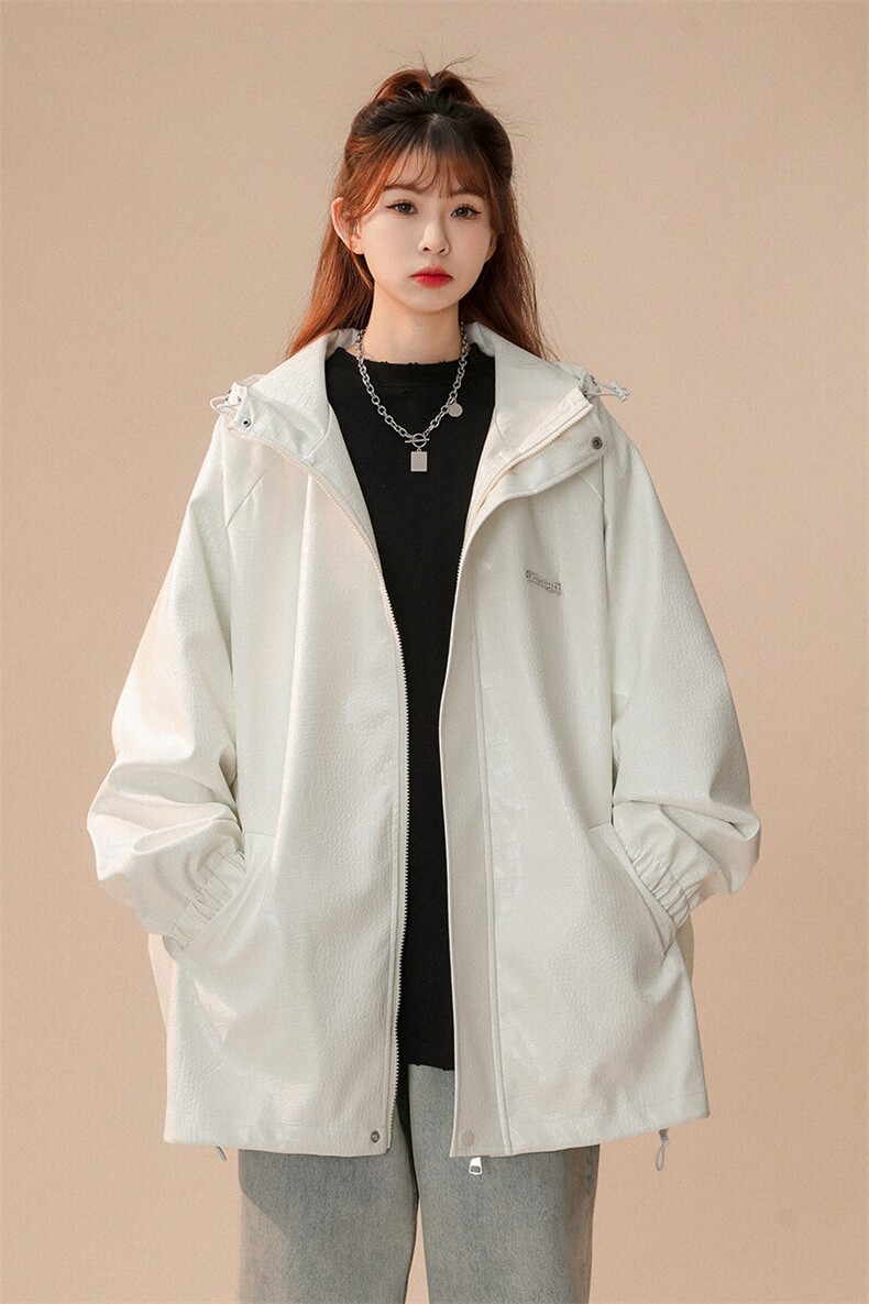 中性连帽鳄鱼纹PU皮衣大码情侣休闲冲锋衣夹克男JK8744P90控128,女装短外套,星座226-1