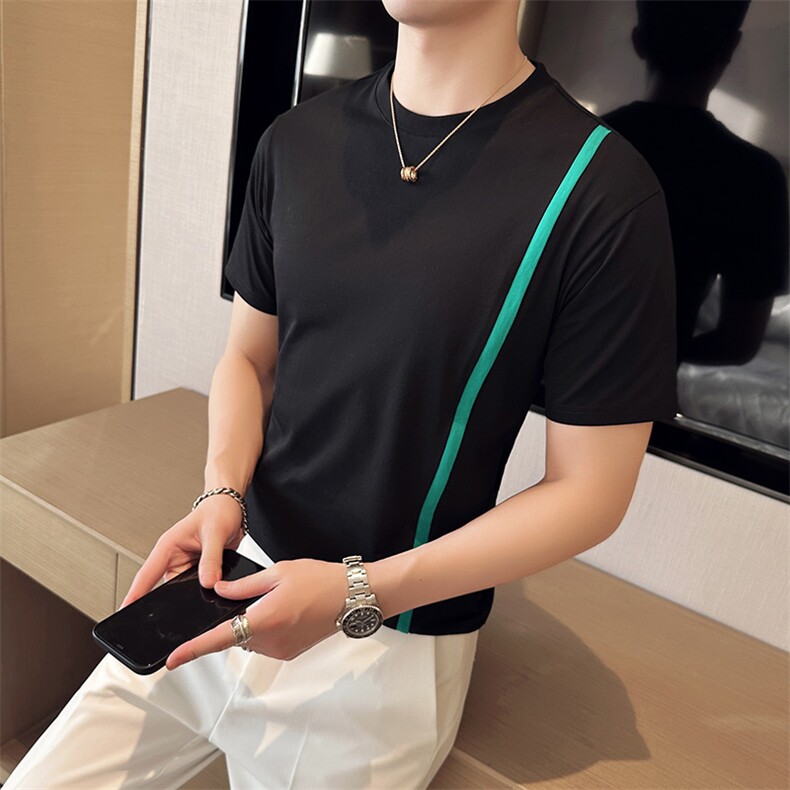 2024夏季新款修身圆领拉链开叉拼色装饰纯色短袖T恤男666-45控59,男装T恤,电商D303