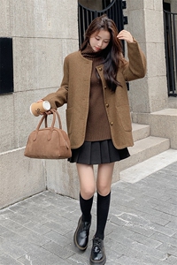 时尚百搭秋冬新款毛呢外套女 显瘦气质短款大衣 优雅复古风图片