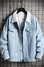 秋冬男士保暖加厚潮外套青少年个性破洞加绒牛仔夹克6622-P70，男装夹克，电商A128