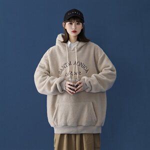 703-W199秋冬拉绒羊羔毛卫衣 绣花情侣套头帽衫蓝底图片
